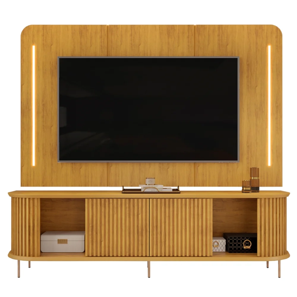 Painel Para TV 75 Pol e Rack Bancada Ripado 218cm World D04 Cedro - Mpozenato