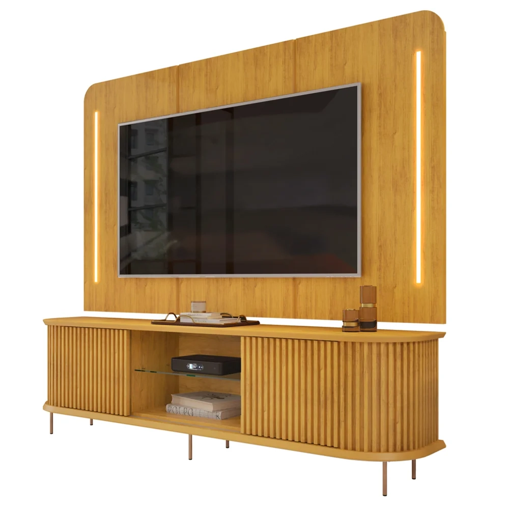 Painel Para TV 75 Pol e Rack Bancada Ripado 218cm World D04 Cedro - Mpozenato