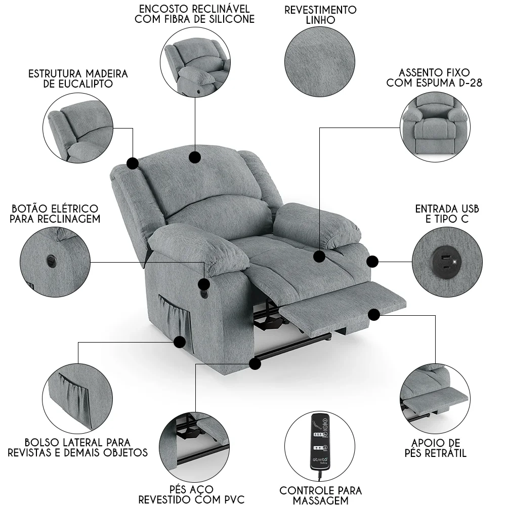 Poltrona do Papai Reclinável Pietra Power Elétrica Massagem FH9 Linho Cinza - Mpozenato