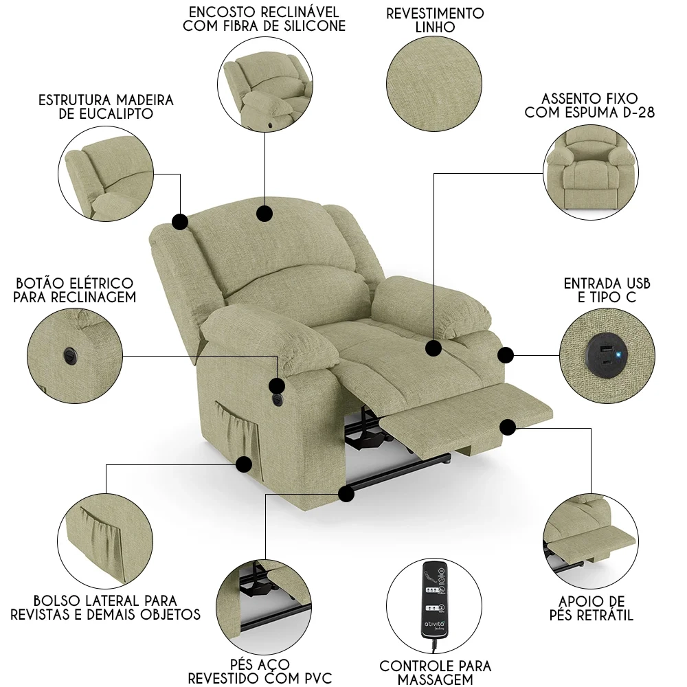 Poltrona do Papai Reclinável Pietra Power Elétrica Massagem FH9 Linho Bege - Mpozenato