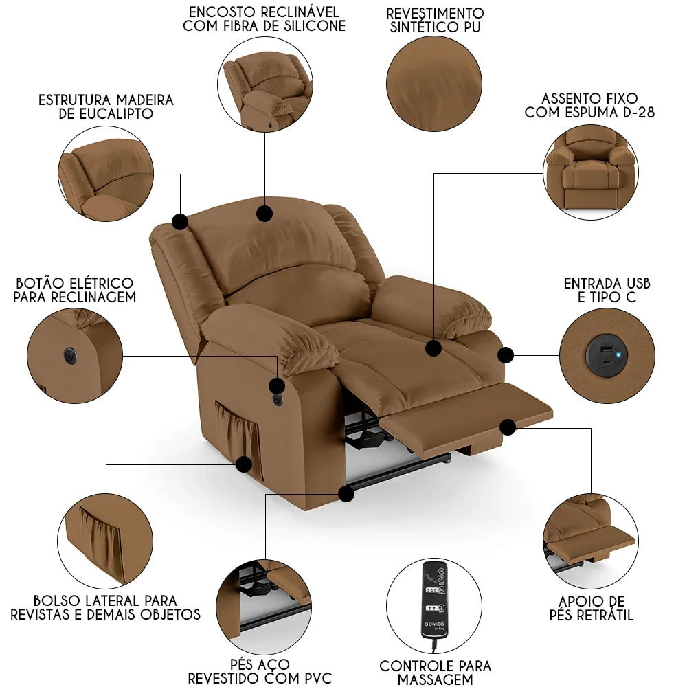 Poltrona do Papai Reclinável Pietra Power Elétrica Massagem FH9 PU Caramelo - Mpozenato