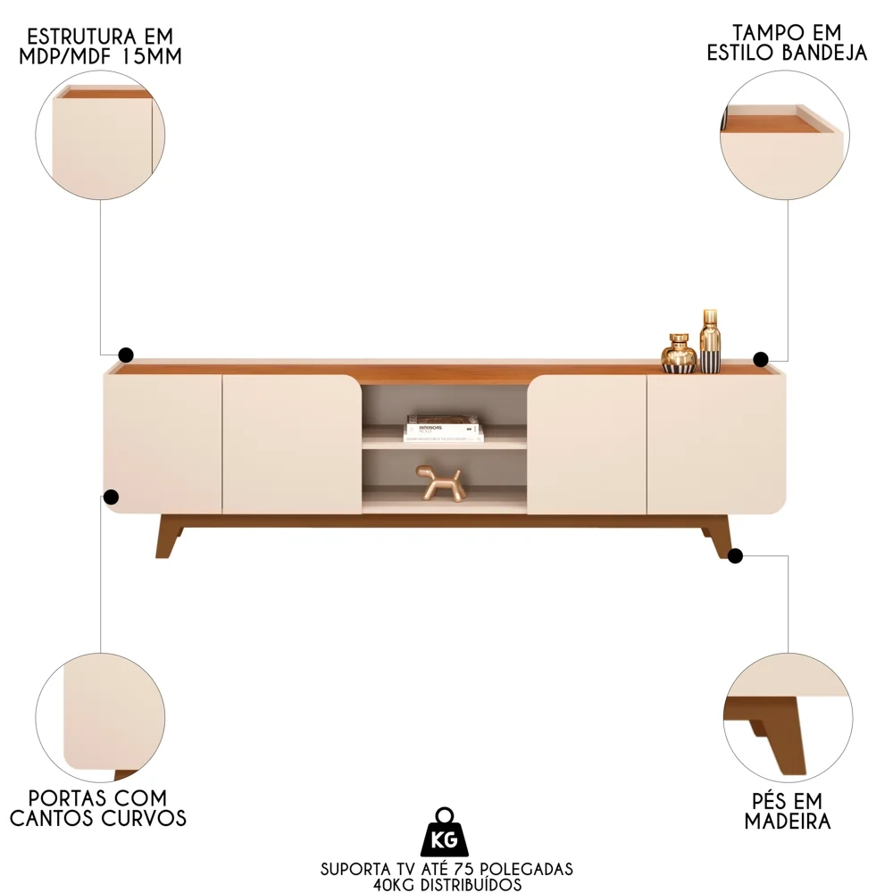 Rack Para Sala Bancada de TV 75 Pol 220cm Collie D04 Off White/Freijó - Mpozenato