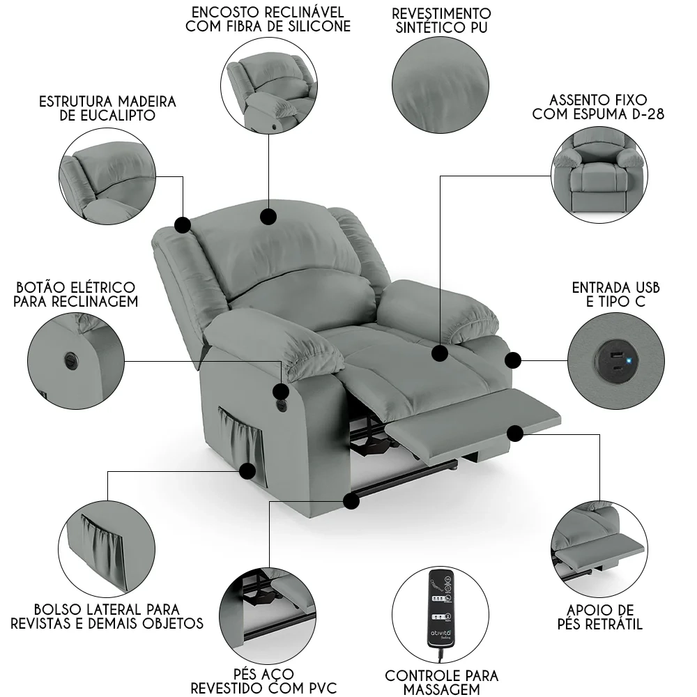Poltrona do Papai Reclinável Pietra Power Elétrica Massagem FH9 PU Cinza - Mpozenato