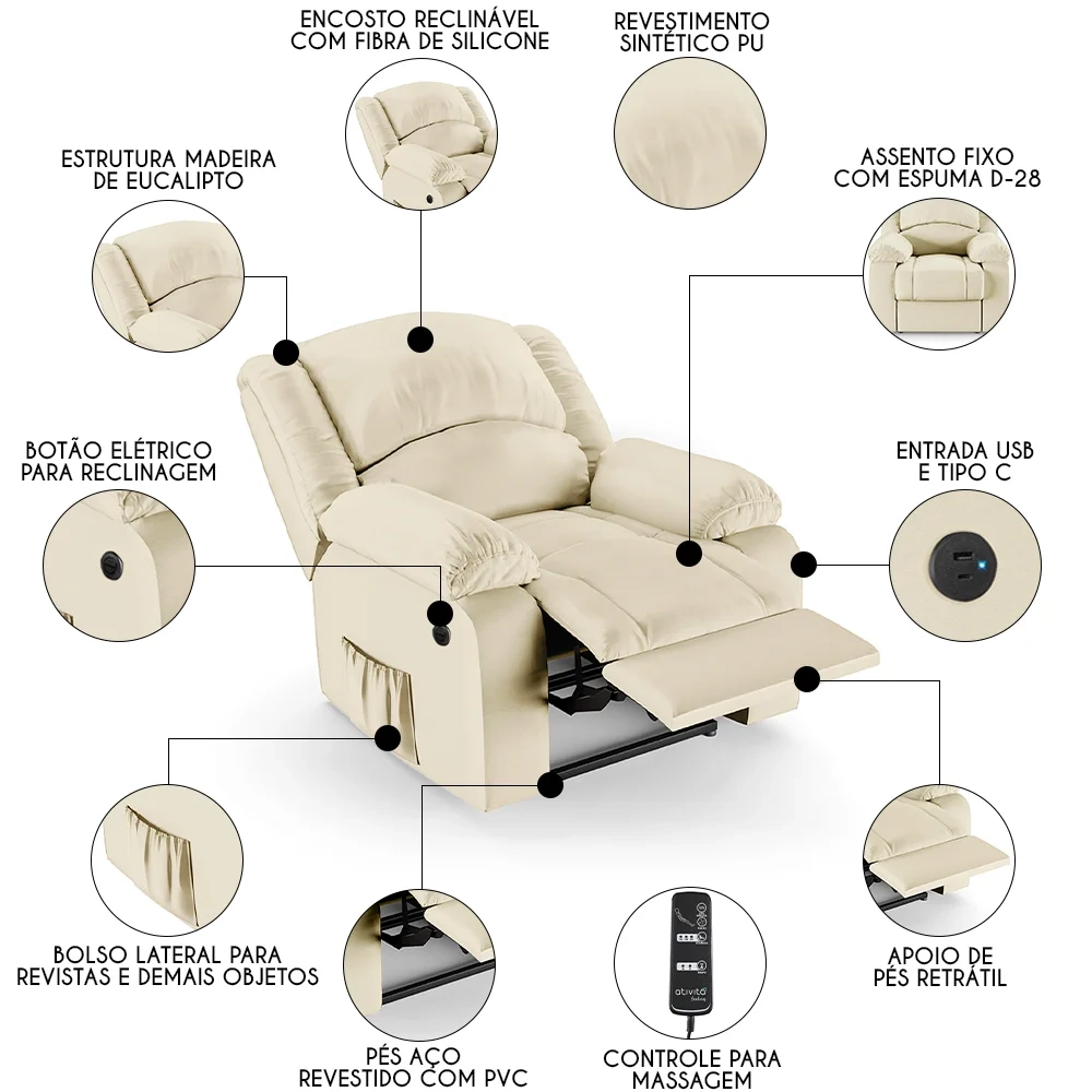 Poltrona do Papai Reclinável Pietra Power Elétrica Massagem FH9 PU Bege - Mpozenato