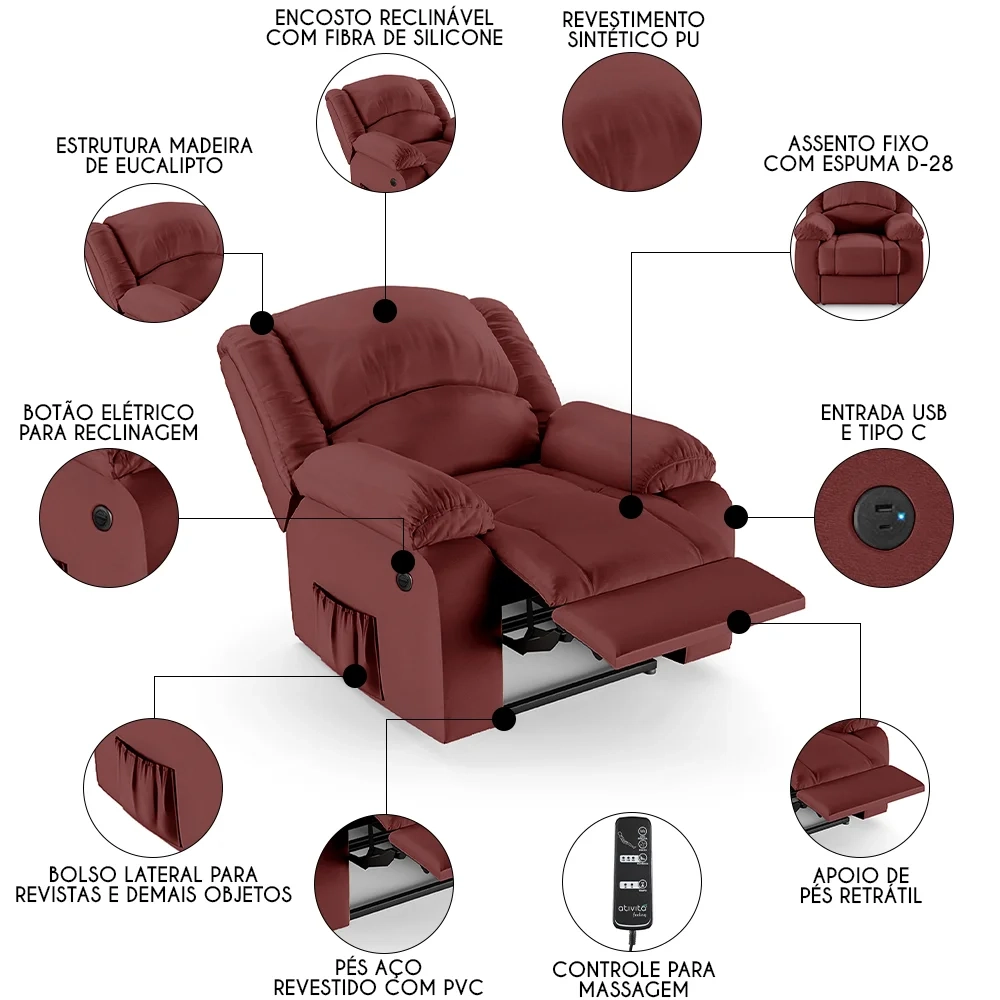 Poltrona do Papai Reclinável Pietra Power Elétrica Massagem FH9 PU Vermelho - Mpozenato