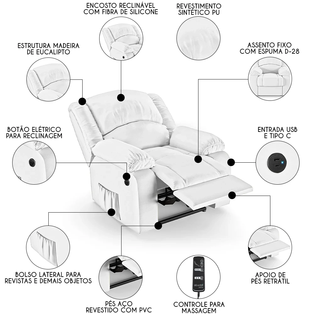 Poltrona do Papai Reclinável Pietra Power Elétrica Massagem FH9 PU Branco - Mpozenato