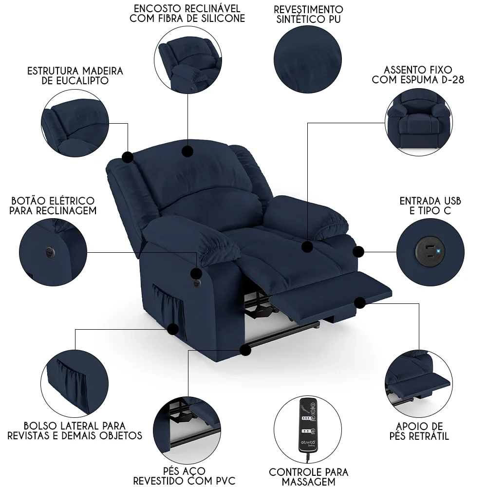 Poltrona do Papai Reclinável Pietra Power Elétrica Massagem FH9 PU Azul - Mpozenato