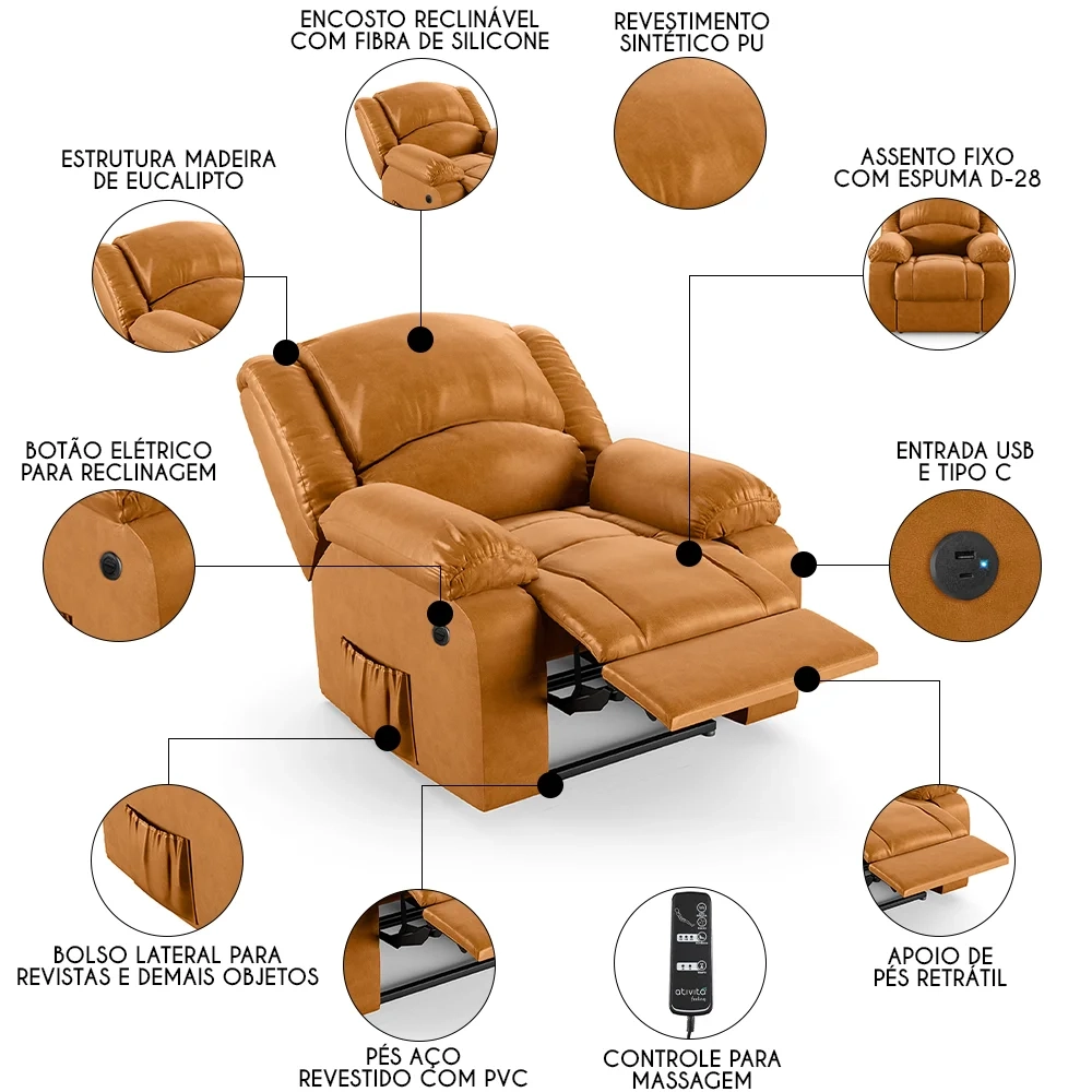 Poltrona do Papai Reclinável Pietra Power Elétrica Massagem FH9 PU Whisky - Mpozenato