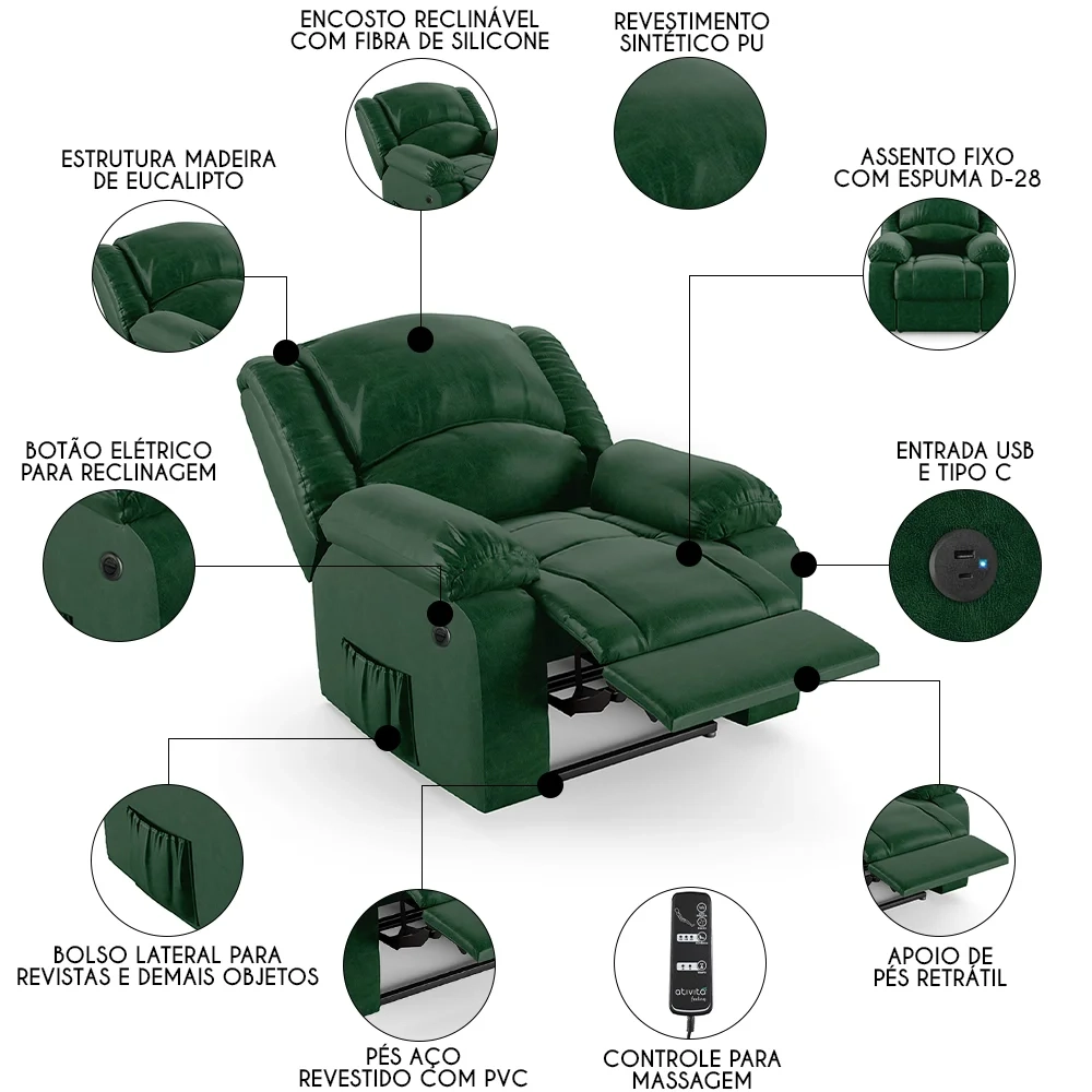 Poltrona do Papai Reclinável Pietra Power Elétrica Massagem FH9 PU Verde Musgo - Mpozenato