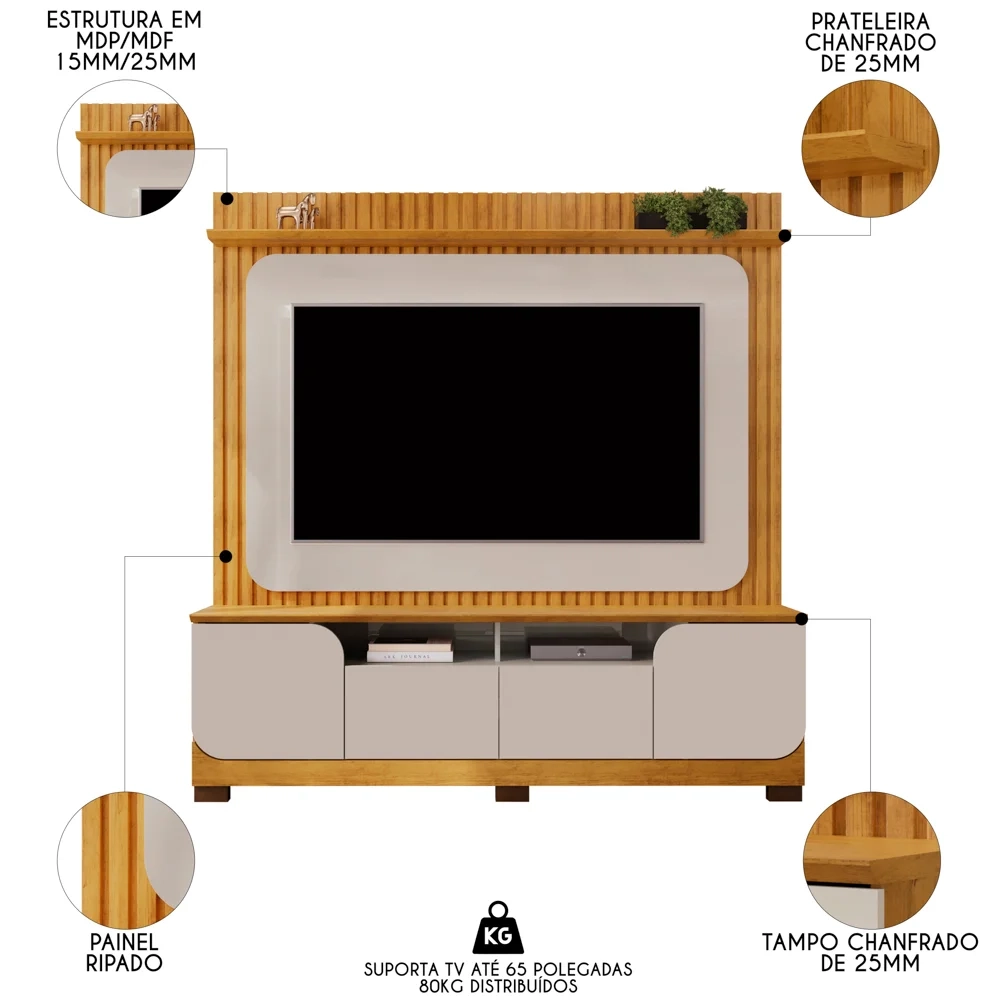 Estante Painel Para TV 65 Pol 182cm Ripado Vanie D04 Bali/Cedro - Mpozenato