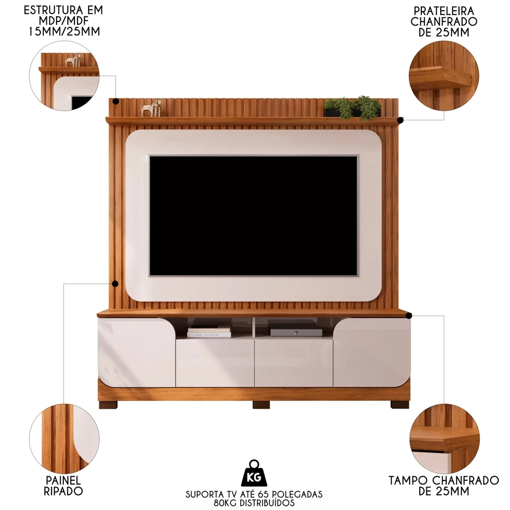 Estante Painel Para TV 65 Pol 182cm Ripado Vanie D04 Off White/Freijo - Mpozenato