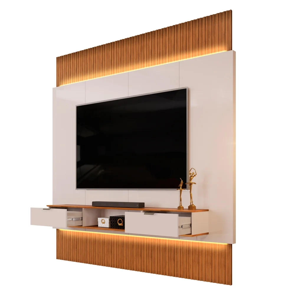 Painel Para TV 85 Pol Canelado Extensível Piso ao Teto D04 Off White/Freijo - Mpozenato