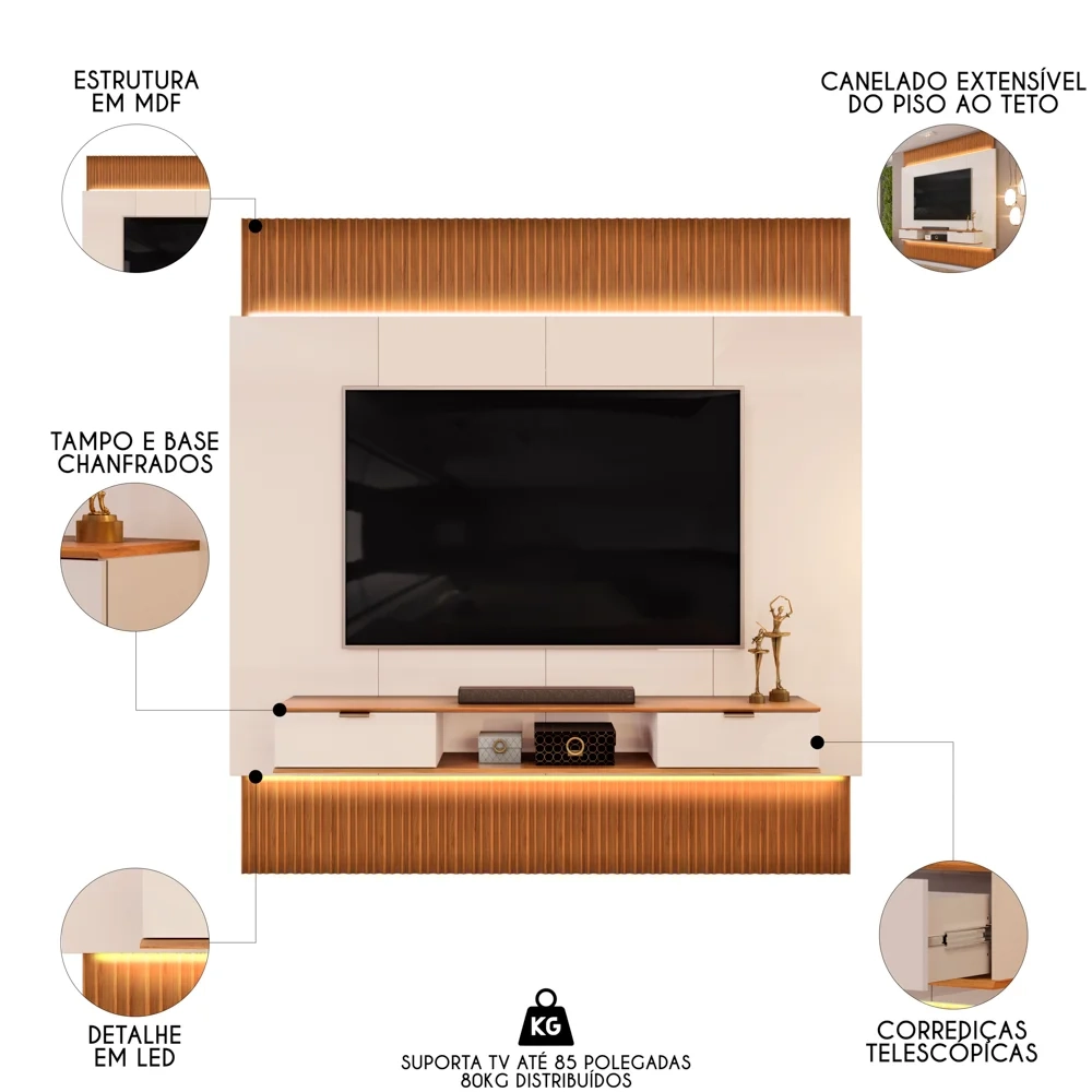 Painel Para TV 85 Pol Canelado Extensível Piso ao Teto D04 Off White/Freijo - Mpozenato