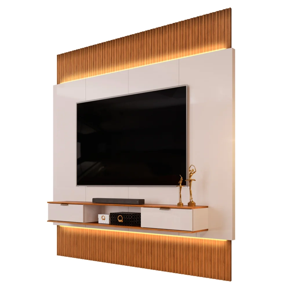 Painel Para TV 85 Pol Canelado Extensível Piso ao Teto D04 Off White/Freijo - Mpozenato