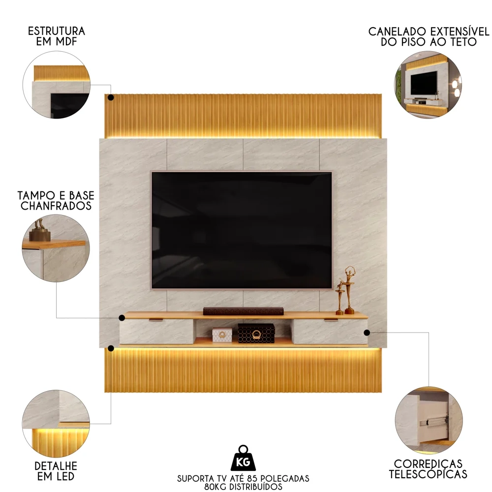 Painel Para TV 85 Pol Canelado Extensível Piso ao Teto D04 Quartzo/Cedro - Mpozenato