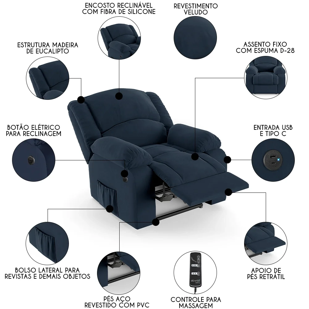 Poltrona do Papai Reclinável Pietra Power Elétrica Massagem FH9 Veludo Azul - Mpozenato