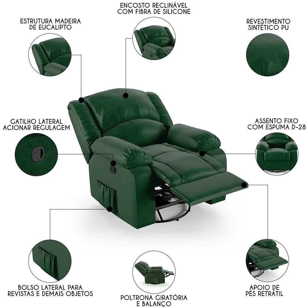 Poltrona do Papai Reclinável Pietra Glider Giratória FH9 PU Verde Musgo - Mpozenato