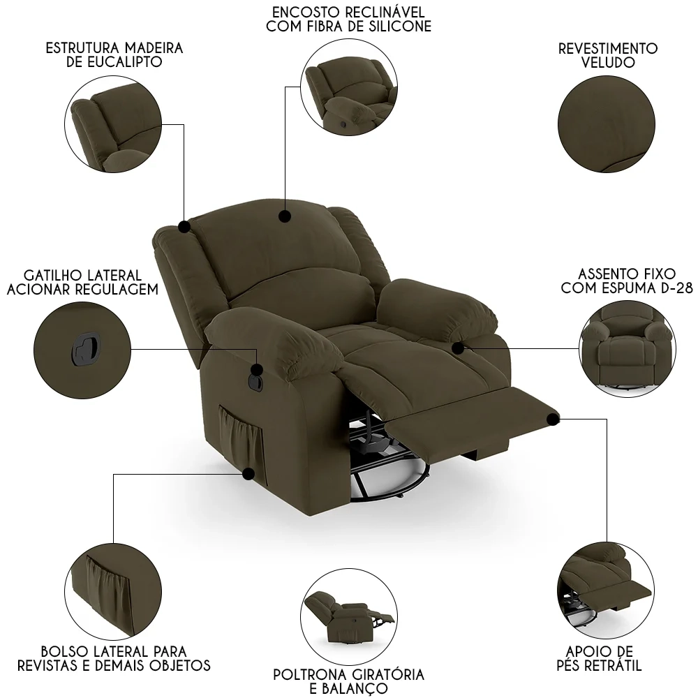 Poltrona do Papai Reclinável Pietra Glider Giratória FH9 Veludo Capuccino - Mpozenato