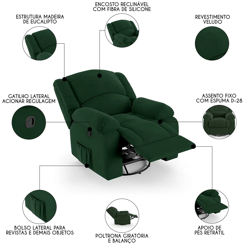 Poltrona do Papai Reclinável Pietra Glider Giratória FH9 Veludo Verde - Mpozenato