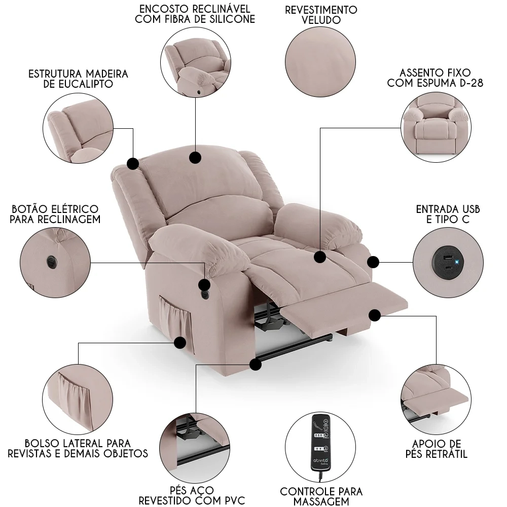 Poltrona do Papai Reclinável Pietra Power Elétrica Massagem FH9 Veludo Rosê - Mpozenato