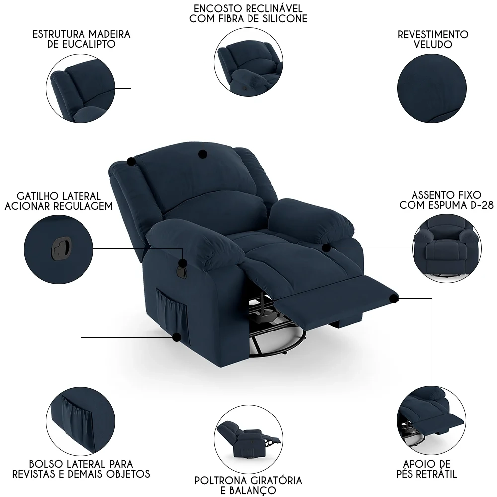 Poltrona do Papai Reclinável Pietra Glider Giratória FH9 Veludo Azul - Mpozenato