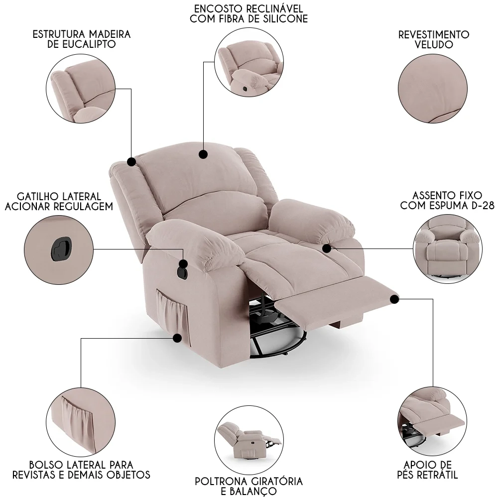 Poltrona do Papai Reclinável Pietra Glider Giratória FH9 Veludo Rosê - Mpozenato