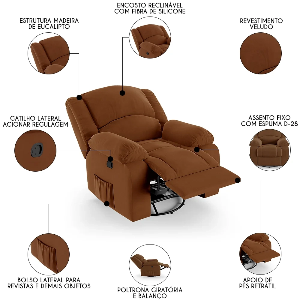 Poltrona do Papai Reclinável Pietra Glider Giratória FH9 Veludo Terracota - Mpozenato