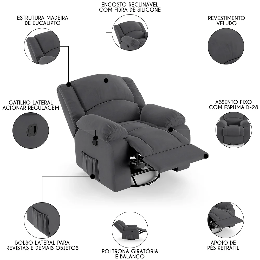 Poltrona do Papai Reclinável Pietra Glider Giratória FH9 Veludo Cinza - Mpozenato