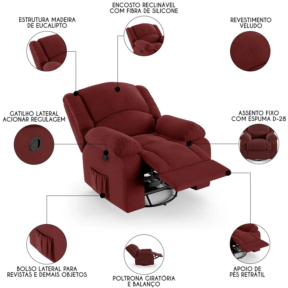 Poltrona do Papai Reclinável Pietra Glider Giratória FH9 Veludo Vermelho - Mpozenato