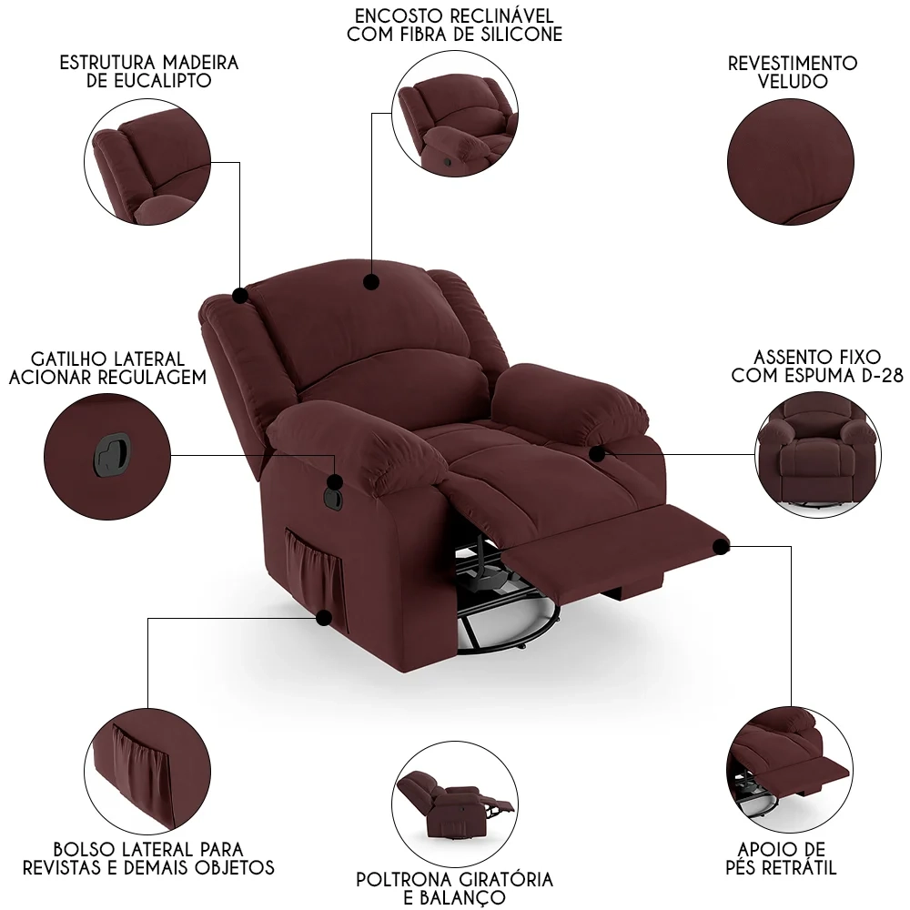 Poltrona do Papai Reclinável Pietra Glider Giratória FH9 Veludo Vinho - Mpozenato