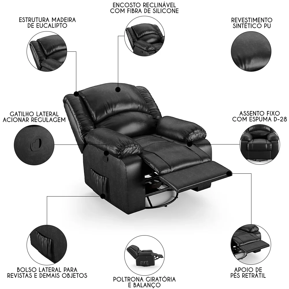 Poltrona do Papai Reclinável Pietra Glider Giratória FH9 PU Preto Brilho - Mpozenato