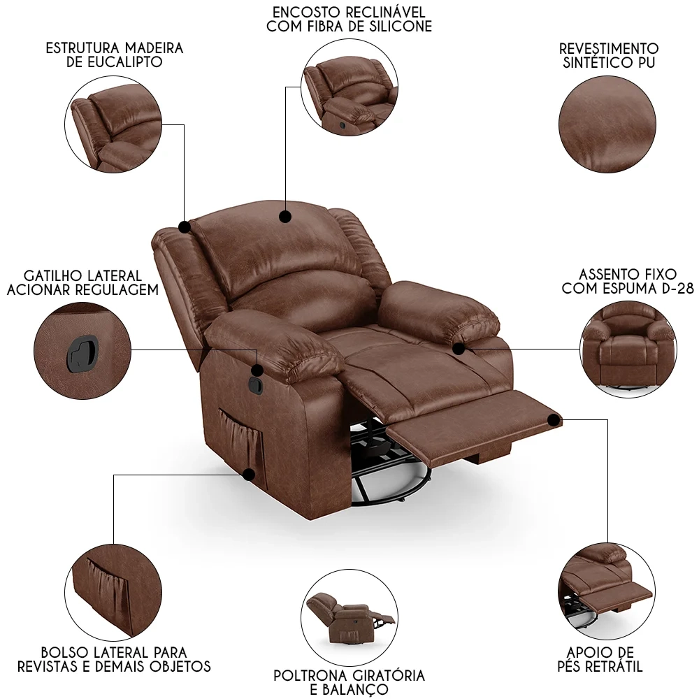 Poltrona do Papai Reclinável Pietra Glider Giratória FH9 PU Marrom Brilho - Mpozenato
