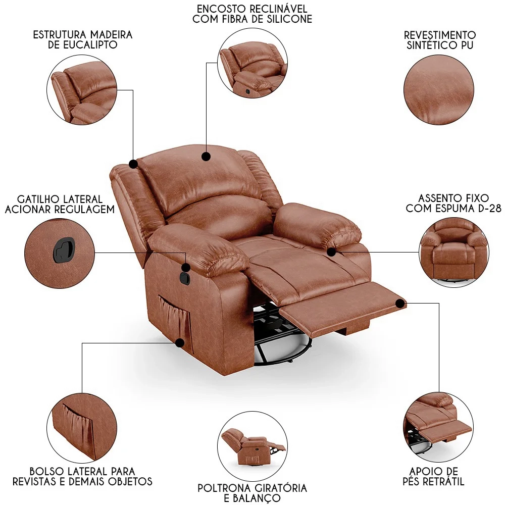 Poltrona do Papai Reclinável Pietra Glider Giratória FH9 PU Caramelo Brilho - Mpozenato