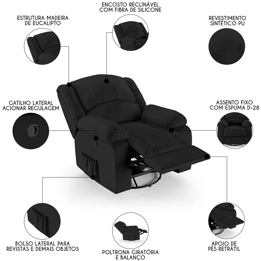 Poltrona do Papai Reclinável Pietra Glider Giratória FH9 PU Preto - Mpozenato