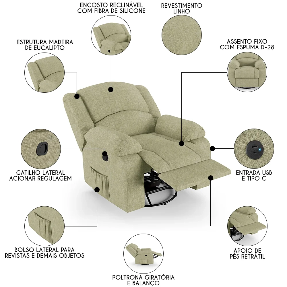 Poltrona do Papai Reclinável Pietra Glider Giratória USB FH9 Linho Bege - Mpozenato