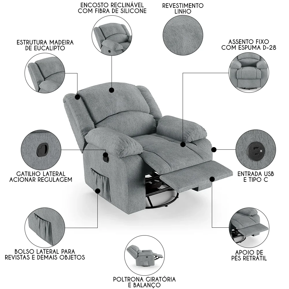 Poltrona do Papai Reclinável Pietra Glider Giratória USB FH9 Linho Cinza - Mpozenato
