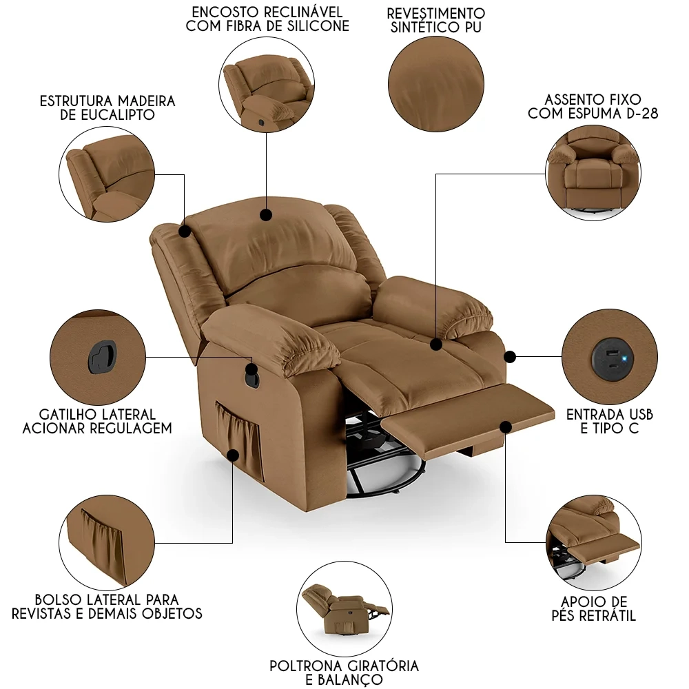 Poltrona do Papai Reclinável Pietra Glider Giratória USB FH9 PU Caramelo - Mpozenato