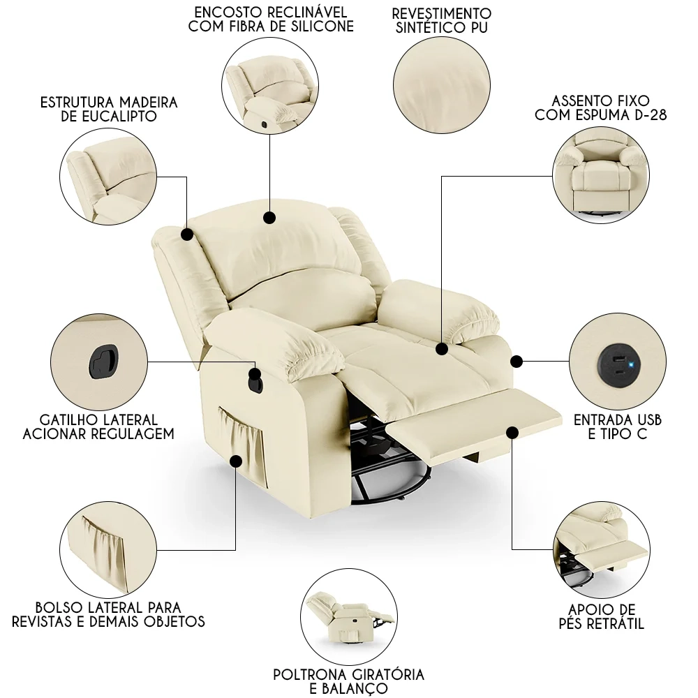 Poltrona do Papai Reclinável Pietra Glider Giratória USB FH9 PU Bege - Mpozenato