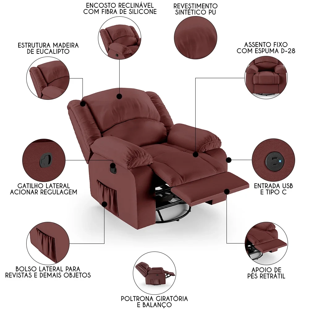 Poltrona do Papai Reclinável Pietra Glider Giratória USB FH9 PU Vermelho - Mpozenato