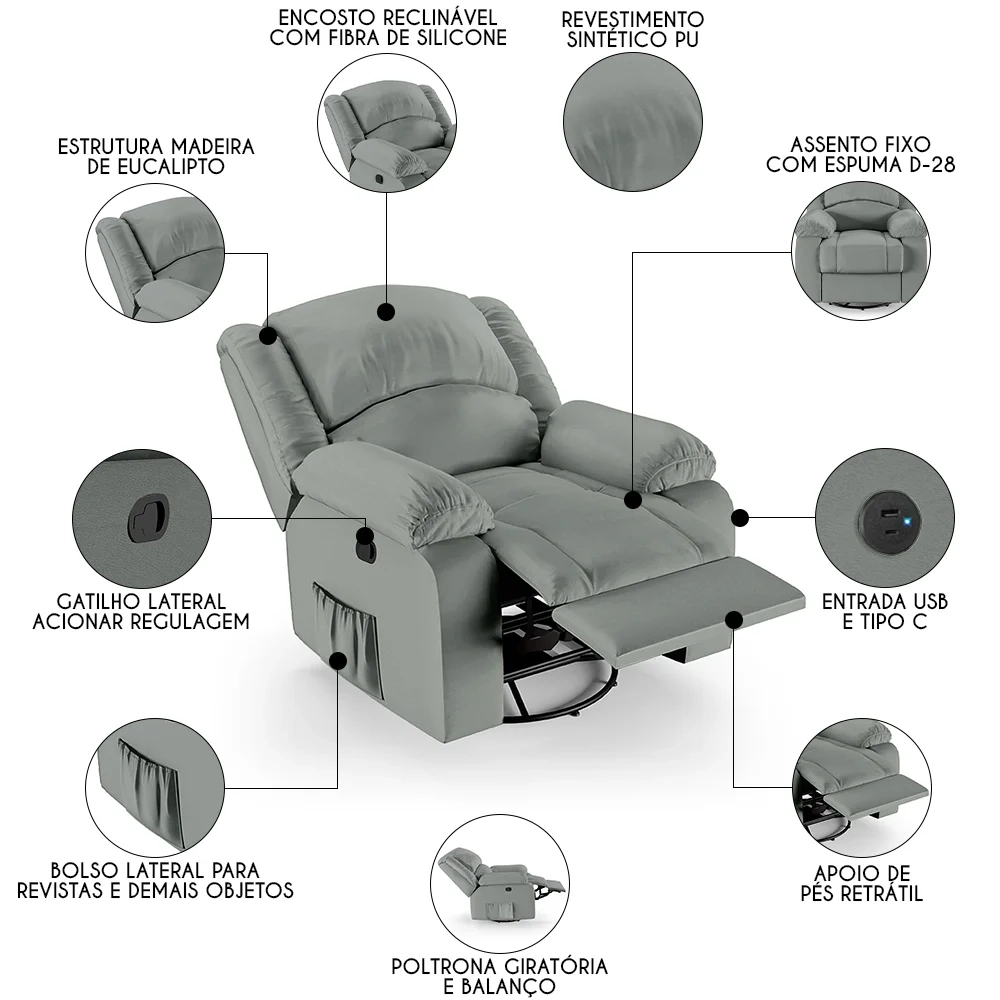 Poltrona do Papai Reclinável Pietra Glider Giratória USB FH9 PU Cinza - Mpozenato
