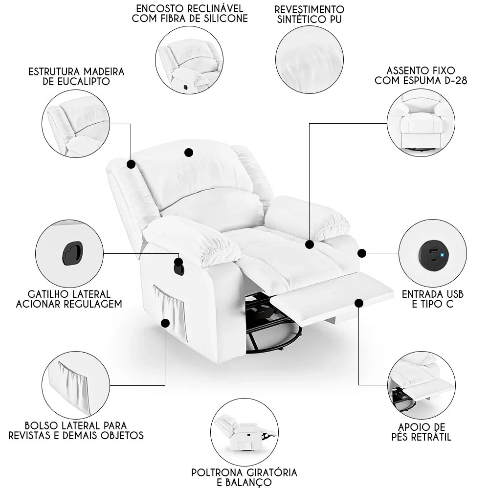 Poltrona do Papai Reclinável Pietra Glider Giratória USB FH9 PU Branco - Mpozenato