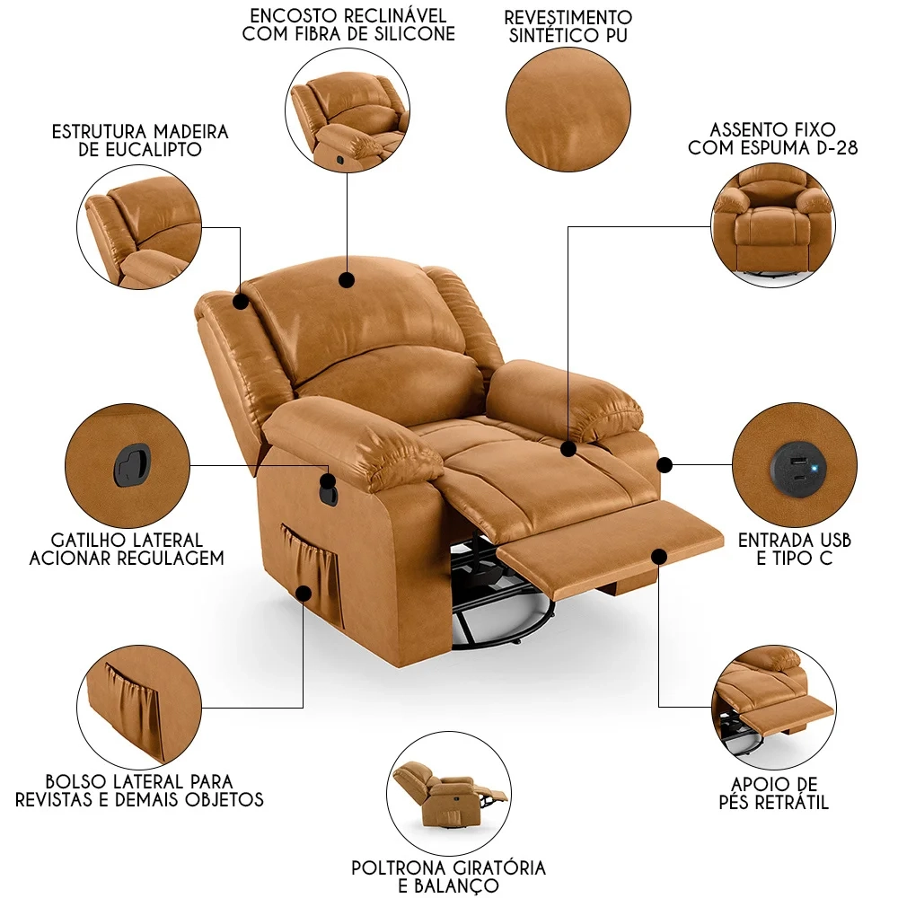 Poltrona do Papai Reclinável Pietra Glider Giratória USB FH9 PU Whisky - Mpozenato