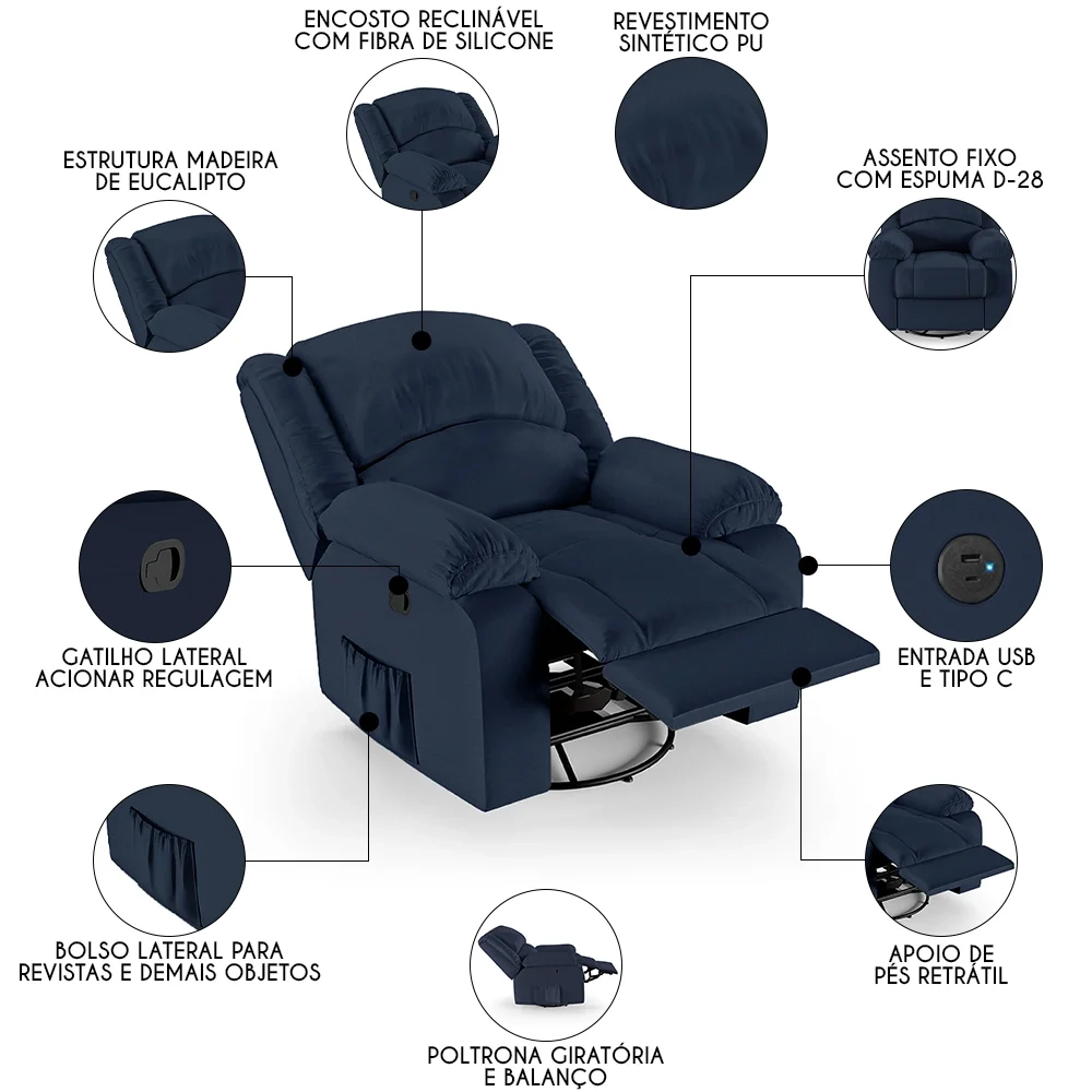 Poltrona do Papai Reclinável Pietra Glider Giratória USB FH9 PU Azul - Mpozenato