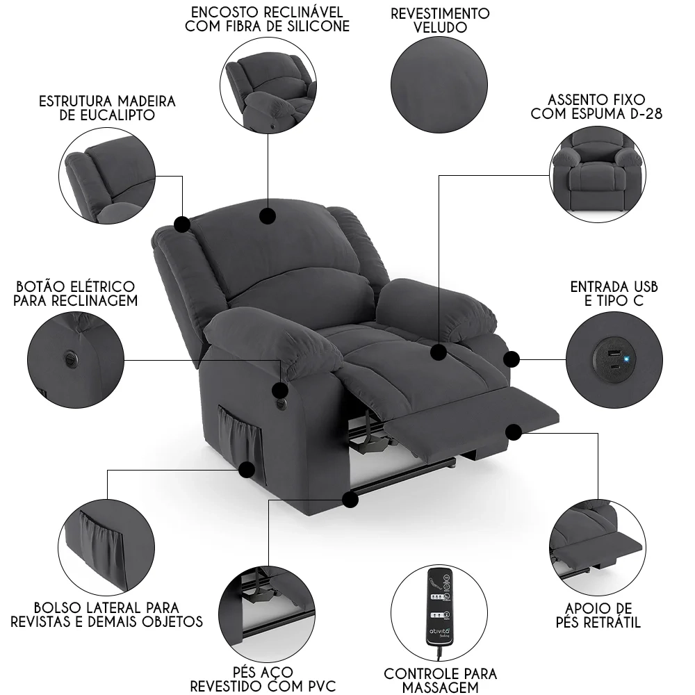 Poltrona do Papai Reclinável Pietra Power Elétrica Massagem FH9 Veludo Cinza - Mpozenato