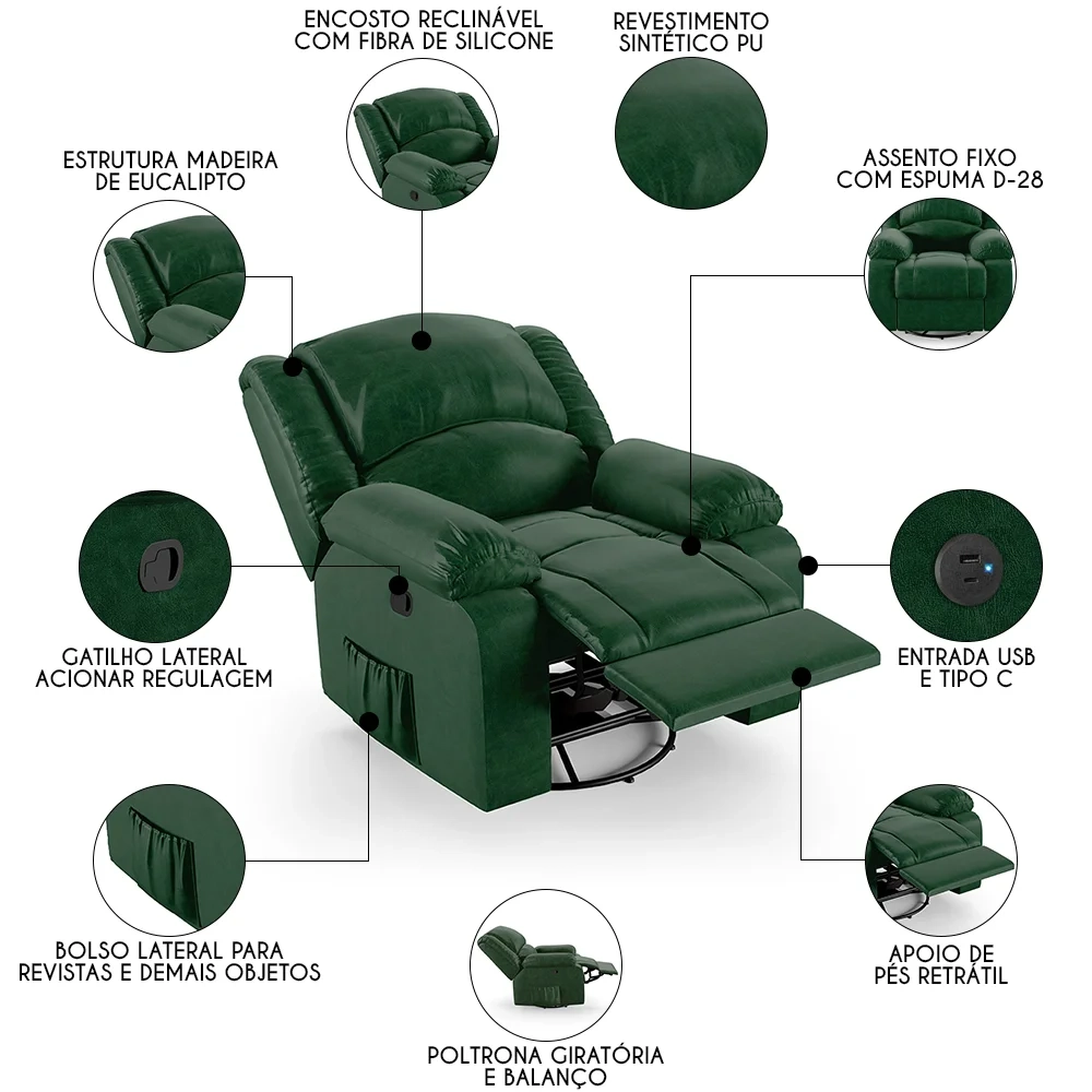 Poltrona do Papai Reclinável Pietra Glider Giratória USB FH9 PU Verde Musgo - Mpozenato