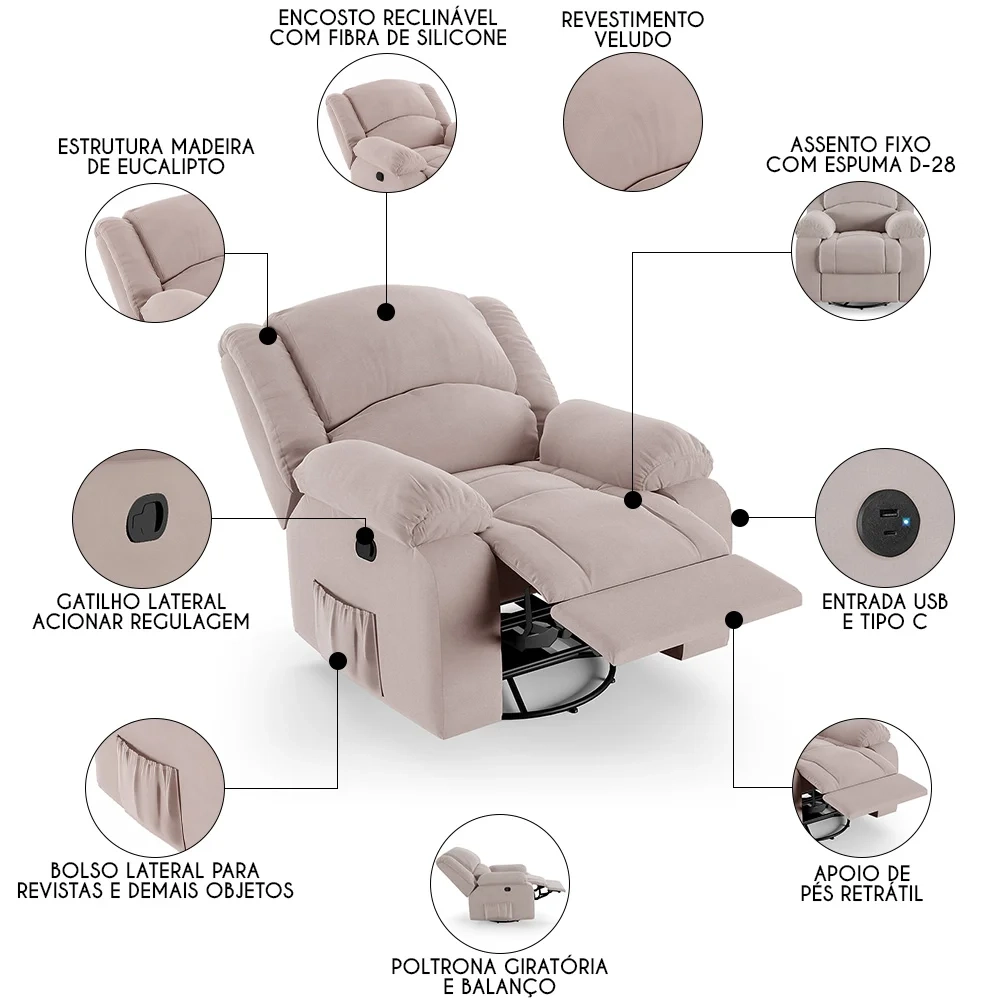 Poltrona do Papai Reclinável Pietra Glider Giratória USB FH9 Veludo Rosê - Mpozenato