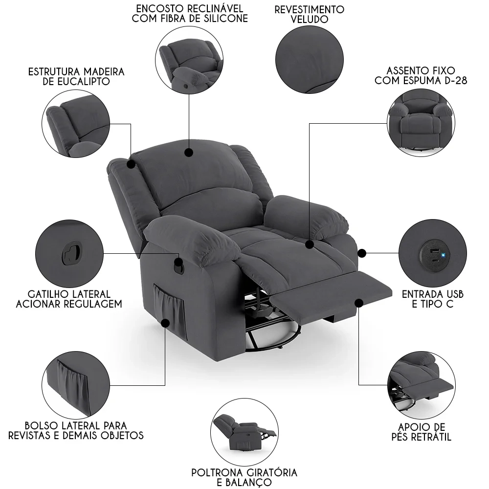 Poltrona do Papai Reclinável Pietra Glider Giratória USB FH9 Veludo Cinza - Mpozenato