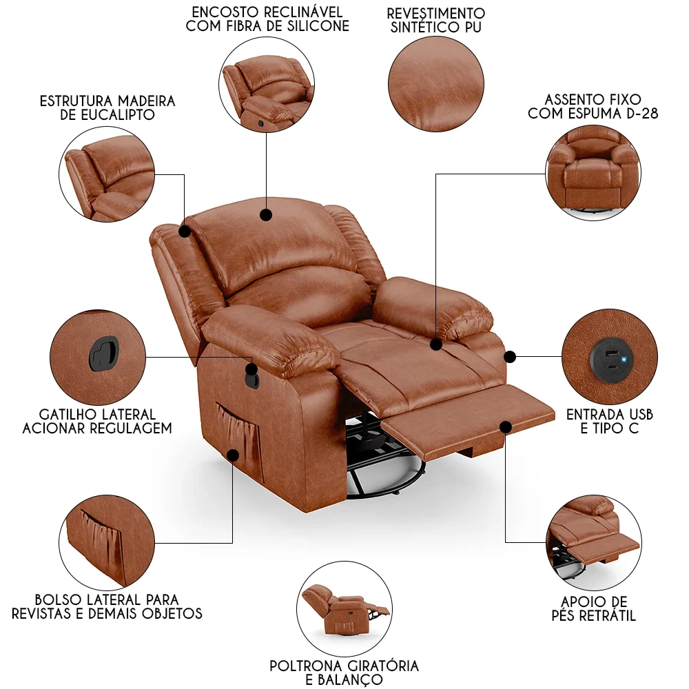 Poltrona do Papai Reclinável Pietra Glider Giratória USB FH9 PU Caramelo Brilho - Mpozenato