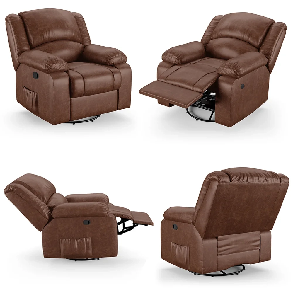 Poltrona do Papai Reclinável Pietra Glider Giratória USB FH9 PU Marrom Brilho - Mpozenato