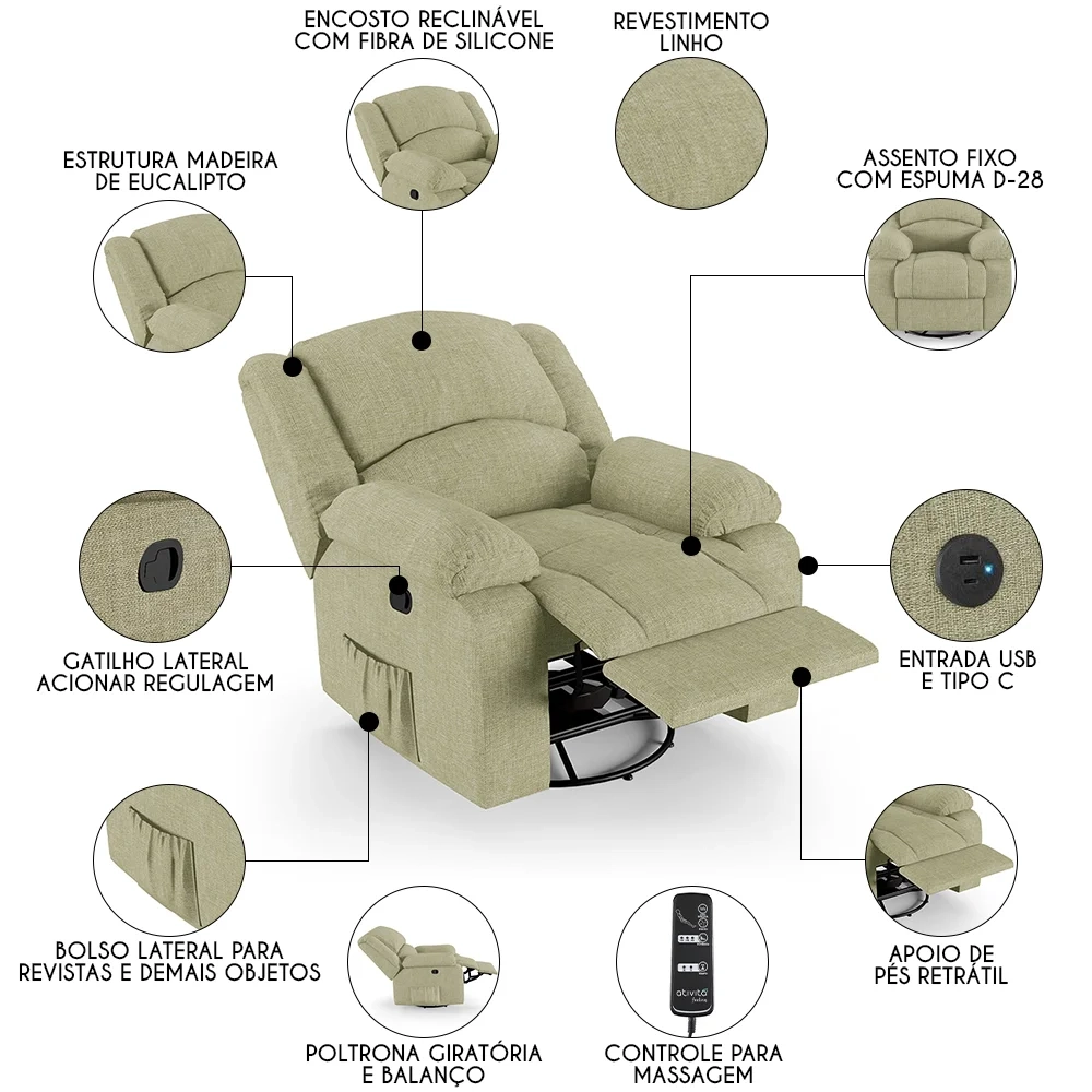 Poltrona do Papai Reclinável Pietra Glider Giratória Massagem FH9 Linho Bege - Mpozenato